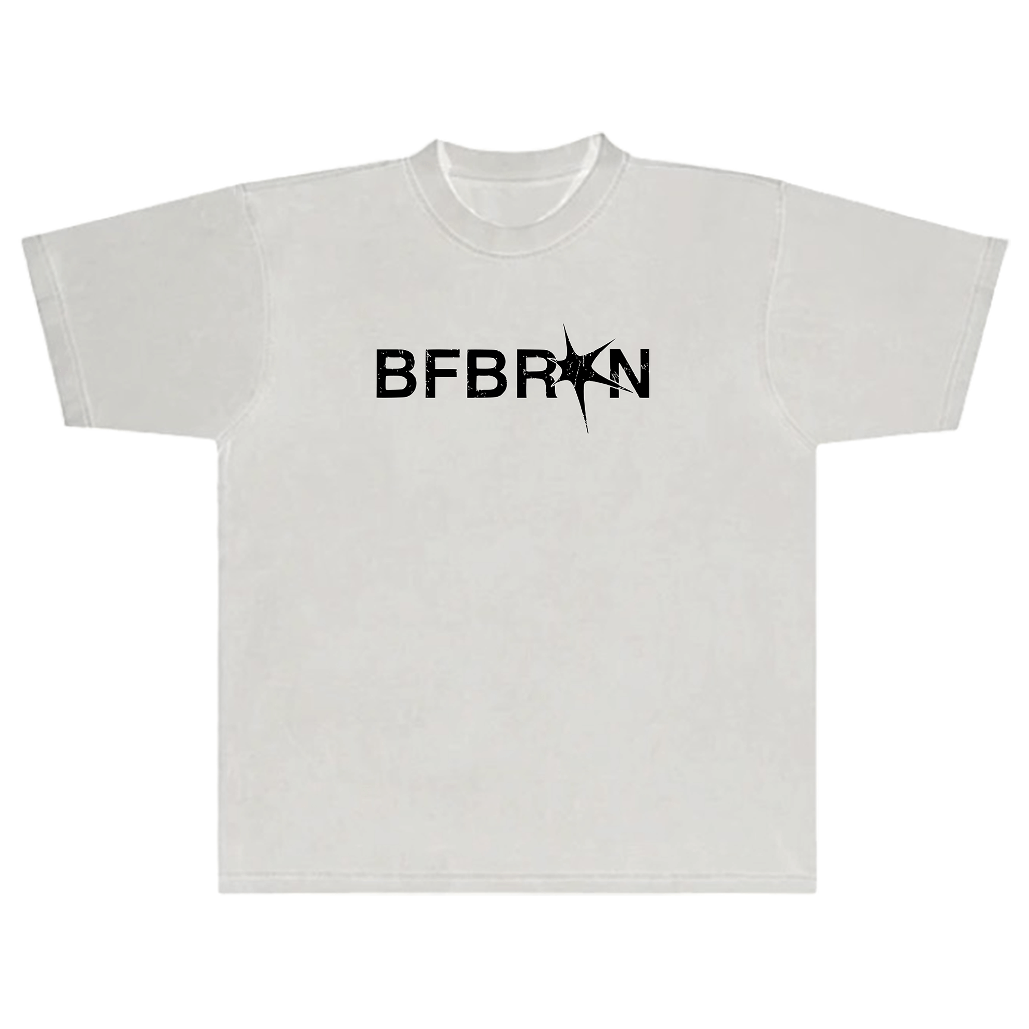 White t-shirt with 'BFBRKN' logo on a white background